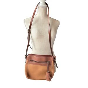 St Johns Bay Womens Two Tone Brown Faux Leather Tassel Crossbody Bag Adjustable
